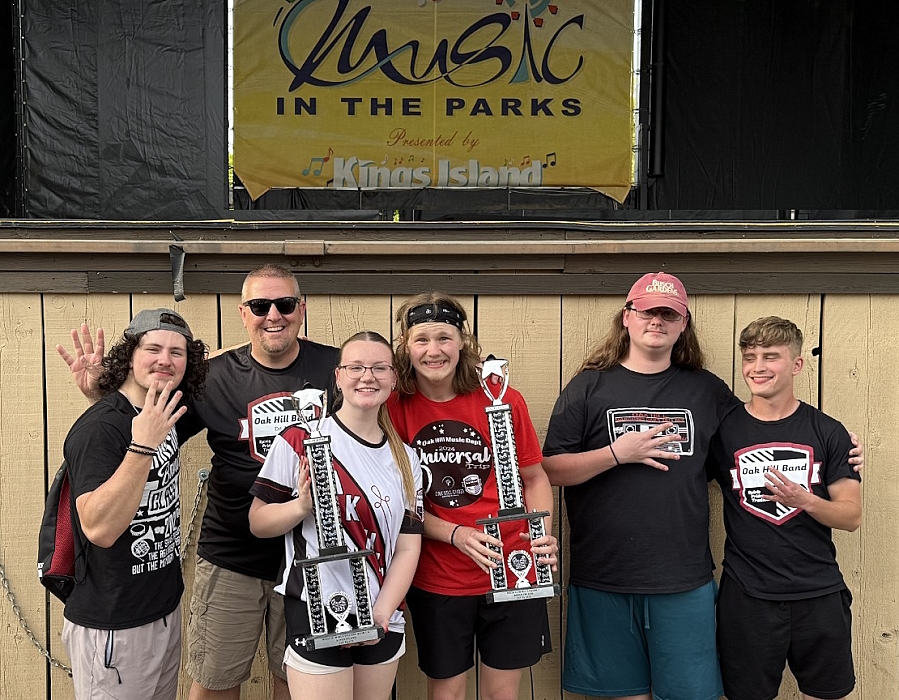Oak Hill Band Seniors with their first-place trophies at Music in the Parks competition